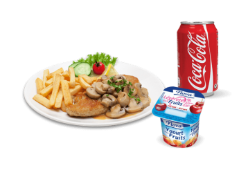 1 Plat escalope au choix 
+ 1 Dessert au choix 
+ 1 Boisson 33cl au choix