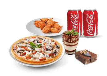 1 Pizza moyenne au choix 
+ 6 Wings ou 6 nuggets 
+ 2 Desserts au choix 
+ 2 Boissons 33cl