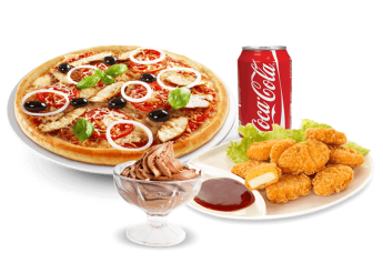 1 Pizza petite au choix 
+ 4 Wings ou 4 nuggets 
+ 1 Dessert au choix  
+ 1 Boisson 33cl