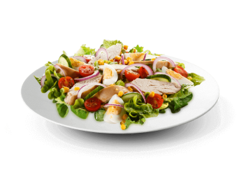 Salade, tomates, poulet, pommes de terre, mas, oeuf, olives 
+ Sauce vinaigrette  
+ Pain offert.