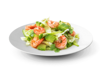 Salade, avocat, crevettes, sauce cocktail, citron 
+ Sauce vinaigrette  
+ Pain offert.