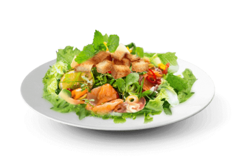 Salade, mas, avocat, saumon fum, citron, crotons de pain 
+ Sauce vinaigrette  
+ Pain offert. 