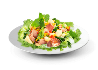 Salade, tomates, mas, jambon blanc, emmental, olives noires 
+ Sauce vinaigrette  
+ Pain offert.